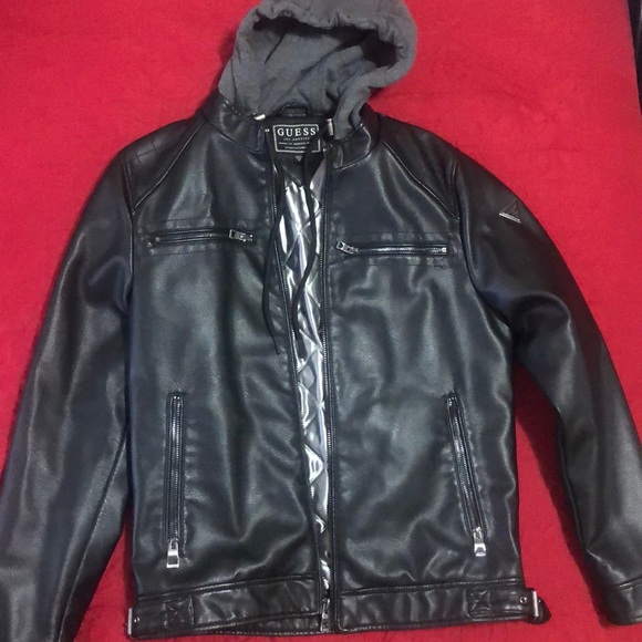 Guess Jackets & Coats Guess Leather Jacket With Zipper And Hood